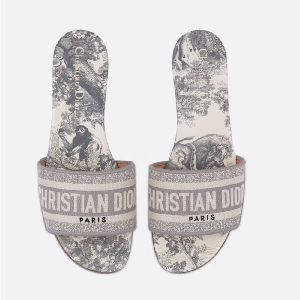 Authentic Dior DWAY SLIDE Gray Toile de Jouy Embroidered Cotton 7.5